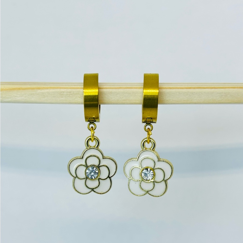 Camellia Earrings Gold White Handmade Enameled Stainless Steel Hypoallergenic